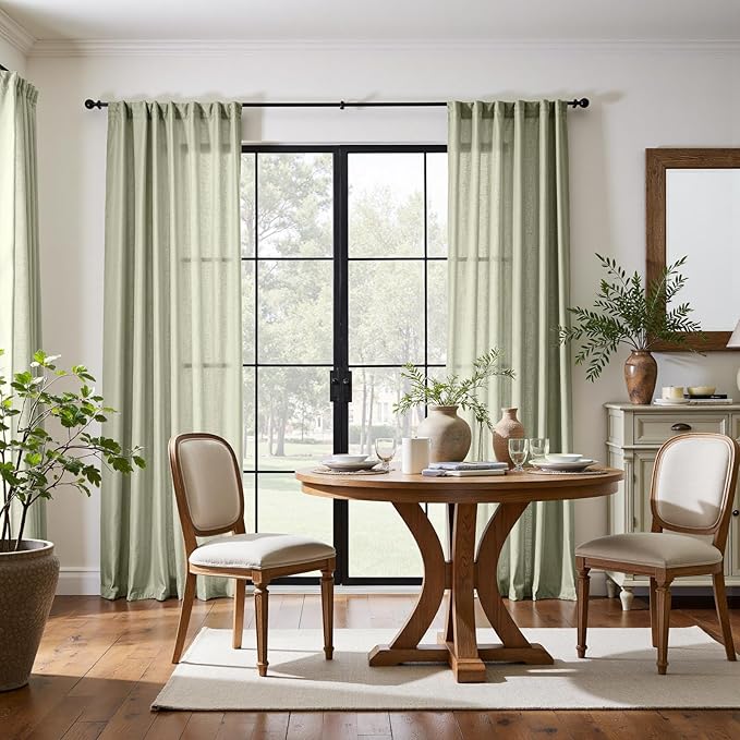 jinchan Linen Curtains Sage Green Semi Sheer Curtains 84 inch Length for Living Room Bedroom Neutral Farmhouse Cottage Core Home Office Light Filtering Privacy Drapes Rod Pocket Back Tab 2 Panels
