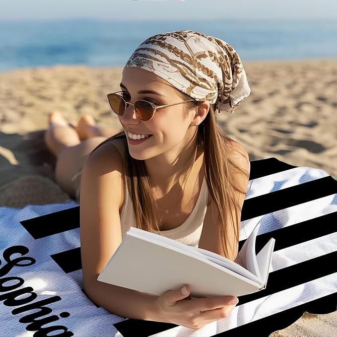 JML Personalized Beach Towel with Name, Custom Cabana Stripe Beach Towel, Customized Microfiber Pool Towel, Quick Dry & Absorbent Swim Towel for Adult,Anniversary, Birthday, Summer Holiday,Vacation