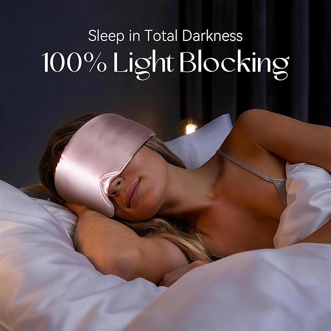 Silk Sleep Mask 22 Momme100% Mulberry Silk & 3.5cm Silk Hairband Set, Upgraded Light Blocking NosePad, Soft Wide Adjustable Strap, Comfortable Eye Mask for Men Women Home Travel (Pink)