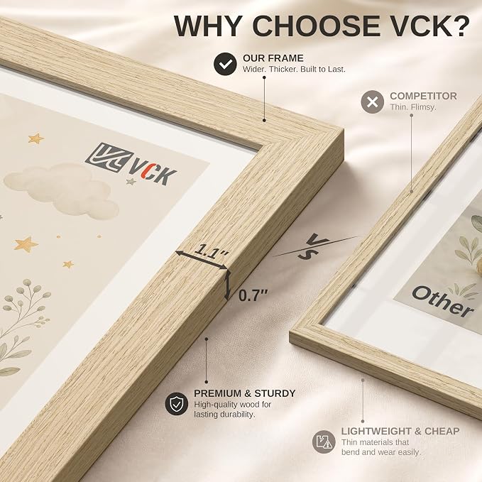 VCK 18x24 Poster Frame 3 Pack - Natural Oak Solid Wood Picture Frames with Exclusive Wood Grain, Wall Hanging