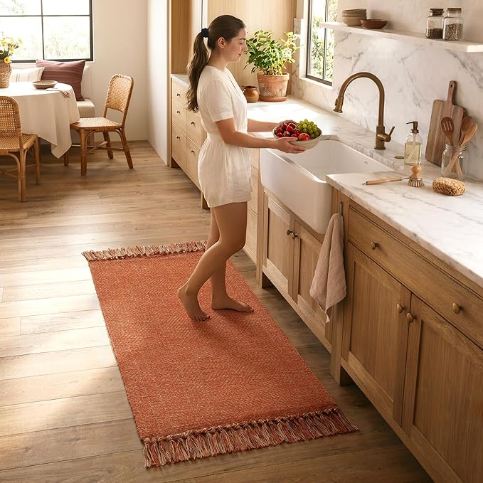 Collive Kitchen Runner Rug, 2' x 4.3' Hand-Woven Reversible Washable Rugs, Terracotta Cotton Modern Farmhouse Bathroom Mat Hallway Carpet for Foyer Bedroom Entry Front Door Fall Decor