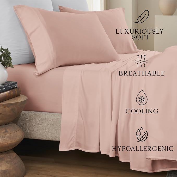 KARISSA MAE Pure Viscose from Bamboo Standard Size Pillowcase Set | 100% FSC Certified | Luxuriously Soft | Cooling | Dusty Rose
