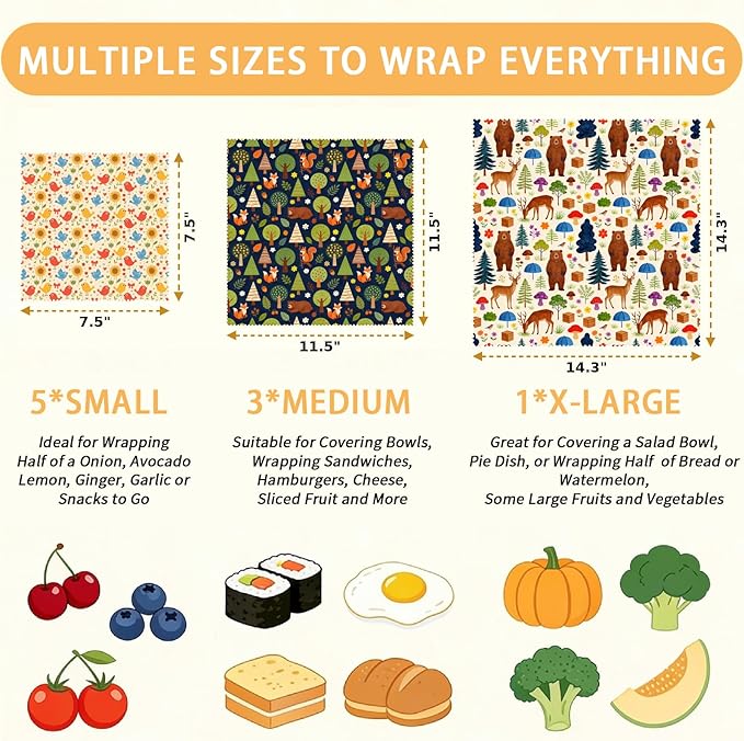 LENARKU Reusable Beeswax Wrap, 9 Pack Eco-Friendly Food Storage, Organic Cotton, Sustainable, Zero Waste, Plastic-Free, Sandwich & Snack Covers, 1XL, 3M, 5S, Forest Animals & Nature Pattern