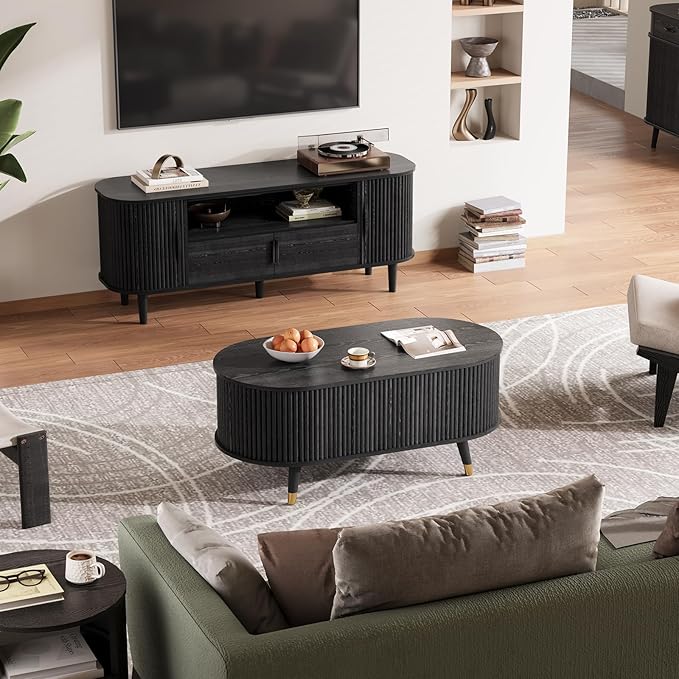 JOINICE 42.5" Oval Lift Top Coffee Table with Storage,Modern Black Center Table with Fluted Design, Solid Wood Legs & Hidden Compartment, Pop Up Coffee Table for Living Room