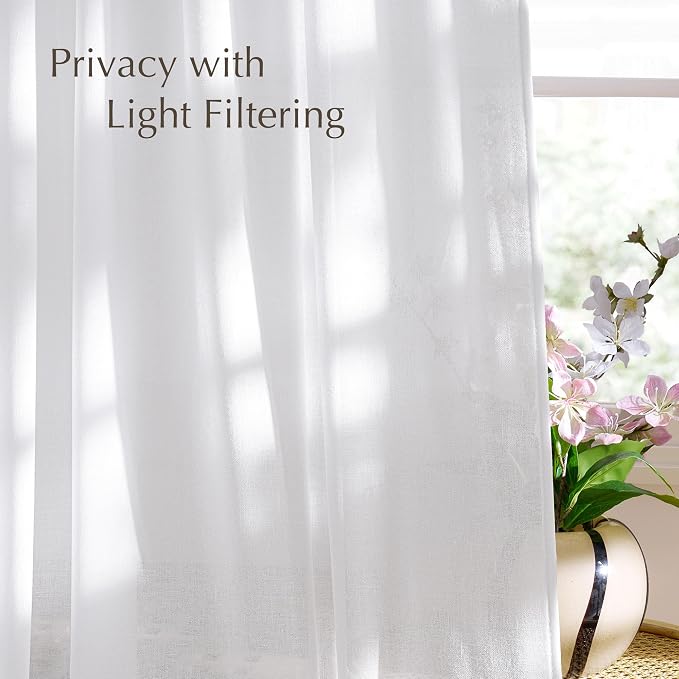 NICETOWN White Linen 120 inch Curtains, Back Tab/Rod Pocket with Pleat Tape Privacy Added with Light Filtering Semi Sheer Window Treatments for Living Room, W52 x L120, 2 Panels
