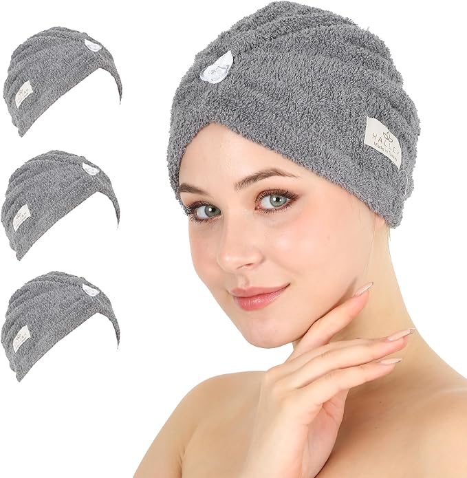 HALLEY Cotton Hair Towel Wrap (3 Packs) Super Absorbent Fast Drying Turbans for Wet Thick Hair with Button (Grey)