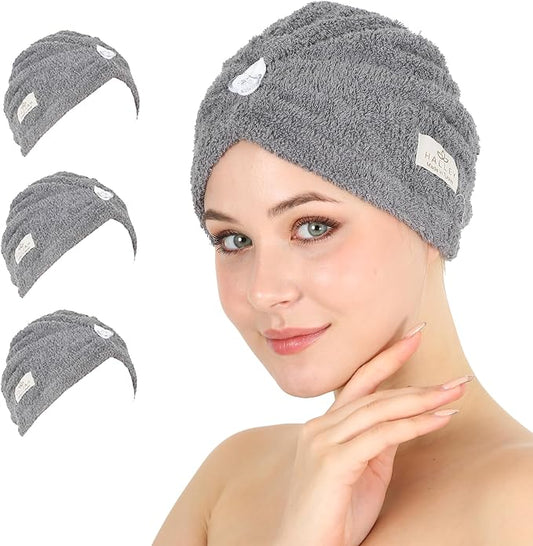 HALLEY Cotton Hair Towel Wrap (3 Packs) Super Absorbent Fast Drying Turbans for Wet Thick Hair with Button (Grey)