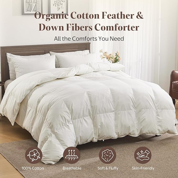 Goose Feather Down Fiber Comforter Full Size - 100% Organic Cotton Shell All Season Duvet Insert, Medium Warmth Hotel Luxury Bedding Comforter(82x86 Inch, White)