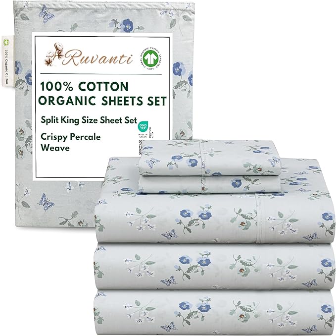 RUVANTI 100% Cotton Organic Percale Sheets Split King Size – Crisp Cooling Bed Sheets for Hot Sleepers, Deep Pocket 15”, Soft Peach Finish, Breathable & Durable Hotel-Style 5 Pcs, Butter Flight
