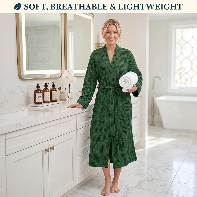 PAVILIA Womens Waffle Knit Robe Lightweight Cotton Blend Full Length House Bathrobe with Pockets