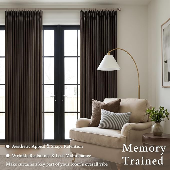 Dark Chocolate 108 Inch Pinch Pleated Linen Curtains 2 Panels Set for Living Room Bedroom Boho Farmhouse Light Filtering Semi Sheer Back Tab Pinch Pleat Hooks Rings Window Curtain 108 Inches Long