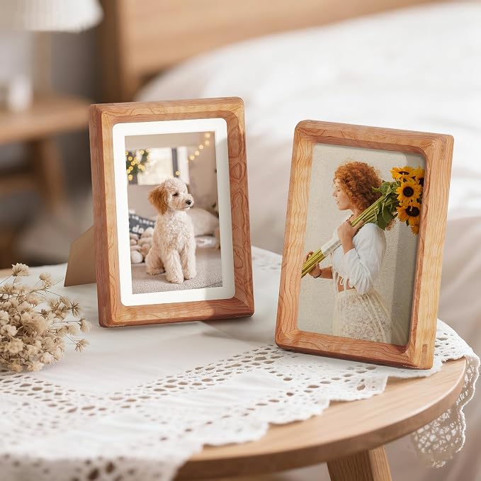 4x6 Picture Frame Set of 2, USA-Sourced Cherry Wood Photo Frames with HD Tempered Glass, Handcrafted Rounded Corner 4 x 6 Wooden Frame Matted to 3.5x5 Photos, 4x6 Frames, Tabletop or Wall Display