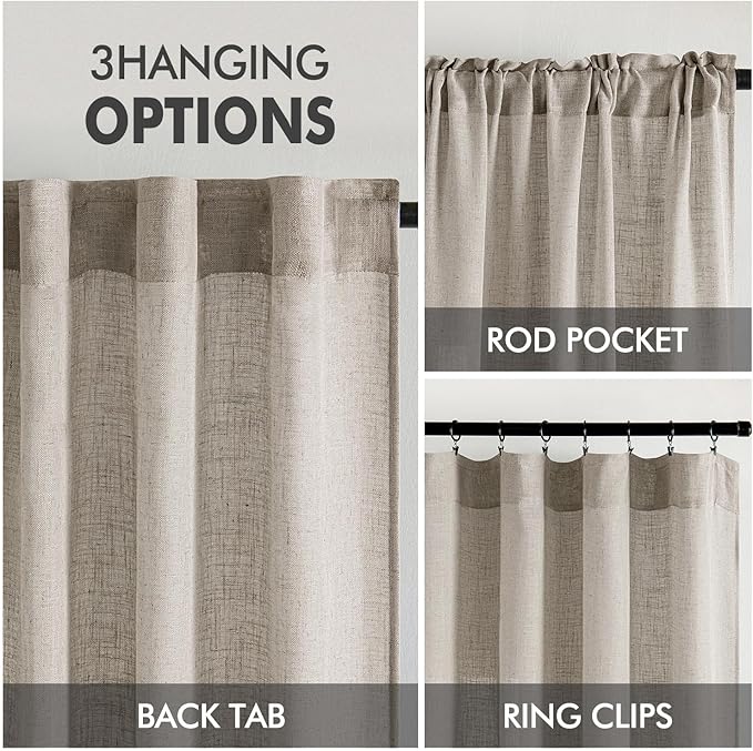MIULEE Burlywood Birch Linen Curtains 108 Inches Long 2 Panels for Bedroom Living Room, Soft Linen Textured Window Drapes Semi Sheer Light Filtering Back Tab Rod Pocket Farmhouse Burlap Look Decor