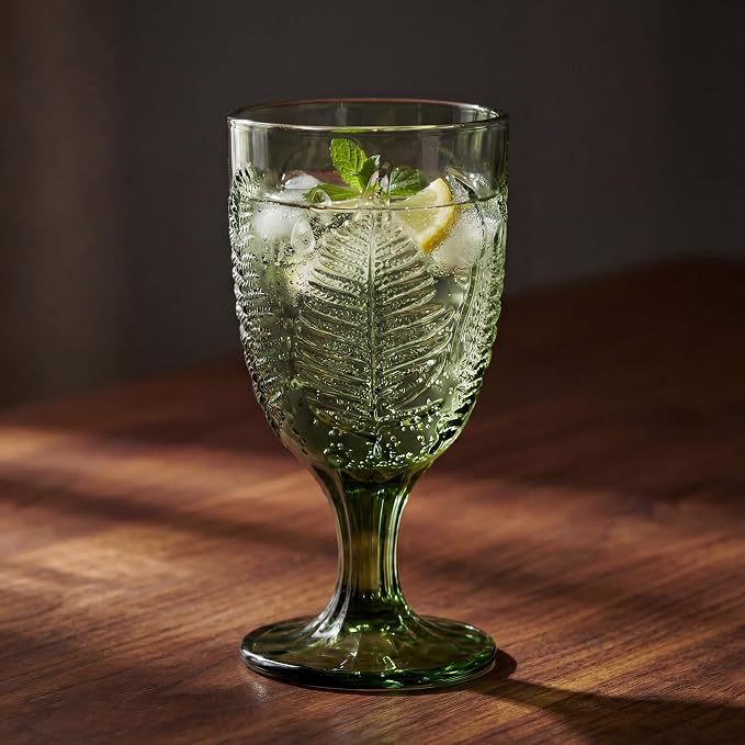 Green Glass Goblets Set of 4, 10 oz Hand-Pressed Vintage Glassware, Textured Fern Embossed Drinking Glasses, Boho Drinkware for Water, Cocktails, Mocktails, White & Red Wine, Antique Style Gift Set