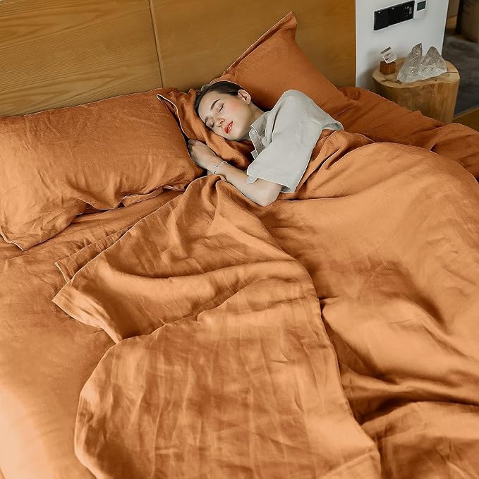 Simple&Opulence French Linen Duvet Cover Set 104"x 92"- 5 Pieces (1 Comforter Cover,4 Pillowcases)-Natural Flax Cotton Blend-Solid Color Breathable Farmhouse Bedding-Rust, King