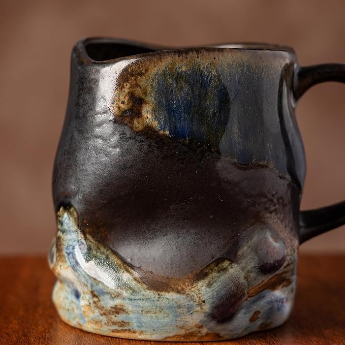 Handmade Ceramic Coffee Mugs, Mugs with Coffee Spoon, 11oz, Handmade Pottery Mug with Handle, Hand-painting, Unique Uneven Surface Tea cups, Dishwasher and Microwave Safe (Coffee Color)
