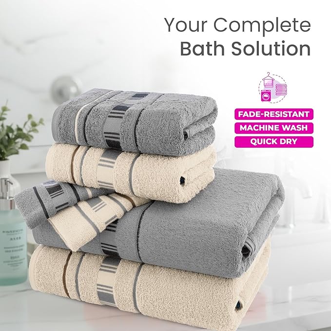 CASA COPENHAGEN X Line 6Pcs 100% Egyptian Cotton Large Designer Towels Gift Set- Grey - Cream, 600 GSM, 2Bath 2Hand 2Washcloths, Bath Towels for Bathroom Set for Women & Men