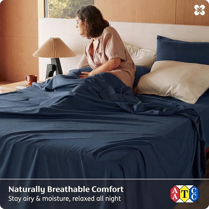 Bedsure 100% GOTS Certified Organic Cotton Sheets, Full Size Sheets, 16" Deep Pocket Bedsheets with Corner Straps, Eco-Friendly, Soft & Luxury PureWoven Cotton Hotel Bedding, Navy