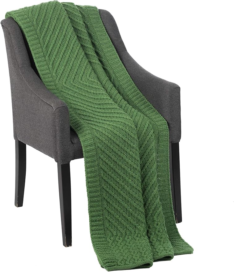 SAOL Irish Throw with Shamrock - 100% Merino Wool Aran Couch Blanket 48'' x 68'' (122 x 173 cm) (Green)