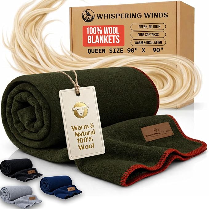 Whispering Winds 100% Wool Blanket, Premium Queen Size (90"x90") | Soft, Warm, Thick, Comfortable, For Bed, Couch, Home, Car, Camping, Outdoors, Survival