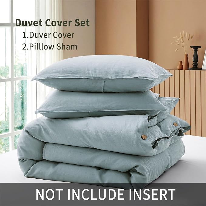 ATLINIA 100% Flax Linen Duvet Cover Set - Stone Washed Pure French Linen Organic Fabric for Farmhouse Comforter Boho Bedding Included 1 Duvet Cover 2 Pillow Shams(Dusty Blue, Queen)