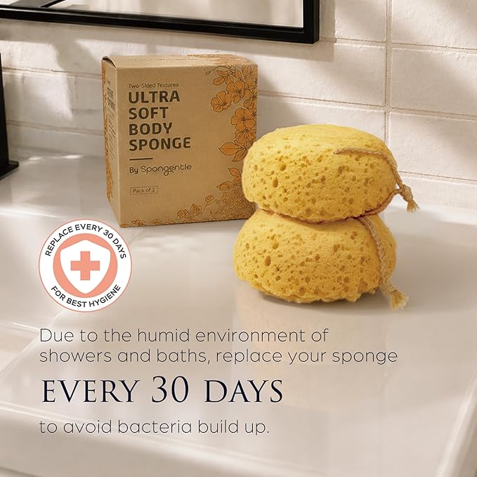 Spongentle Loofah Sponge for Shower and Bathing, Bath Sponge with Dual Texture, Shower Pouf for Gentle and Deep Exfoliation, Large Size Body Scrubber for Men & Women, PU Foam, 37% More Lather, 2 Pack