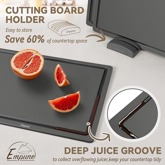 Empune 3-Piece Plastic Cutting Boards for Kitchen - Thick & Non-Slip Chopping Board Set with Juice Grooves, Dishwasher Safe, BPA Free, Includes Large & Small Sizes, Gray