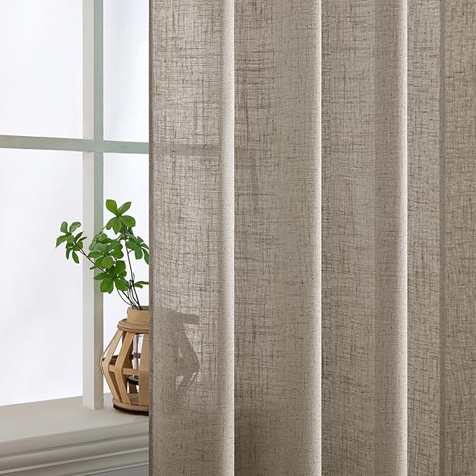 MIULEE Burlywood Birch Linen Curtains 63 Inch Length 2 Panels for Bedroom Living Room, Soft Linen Textured Window Drapes Semi Sheer Light Filtering Back Tab Rod Pocket Farmhouse Burlap Look Decor