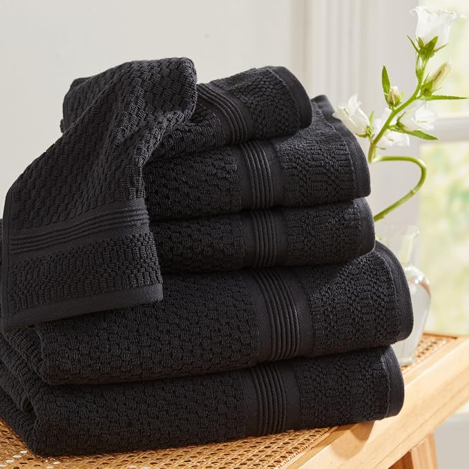 Market & Place 100% Cotton Waffle Weave Bath Towels Set of 4 – Soft, Quick-Dry, Lightweight, Textured Bathroom Towels – Black | Zoey Collection