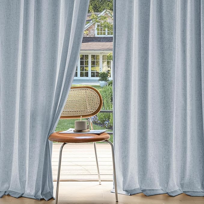 MIULEE Non-See-Through Privacy Linen Curtains 2 Panels, Chambray Blue Light Filtering Window Curtains Farn House Textured Back Tab Semi Sheer Drapes for Bedroom Living Room 108 Inches Long Light Blue