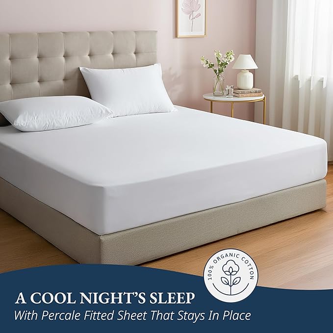 LANE LINEN 100% Organic Cotton Fitted Sheet Queen, 15" Deep Pocket Snug Fit Fully Elasticized Naturally Temperature Regulating Soft & Comfy Deep Pocket Queen - White (+Pillowcases)