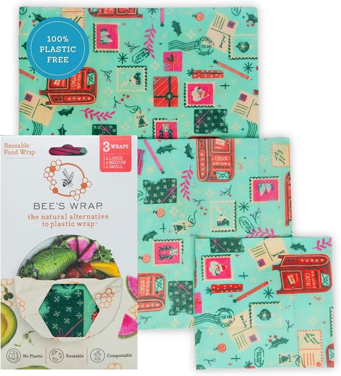 Bee's Wrap Beeswax Wraps for Food - 3 Pack of Assorted Beeswax Wraps - Small, Medium & Large Wrap - Plastic Free Made in USA Reusable Natural Food Wrap - Season's Greetings Print