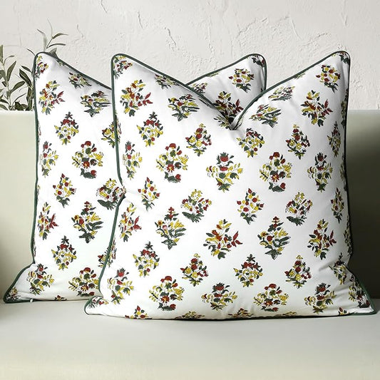 CPC 100% Cotton Throw Pillow Covers 18x18 Inch, Set of 2 Green Block Print Pattern Couch Pillow, Cute Boho Decorative Pillows for Living Room, Bedroom with Hidden Zipper- Fall Green