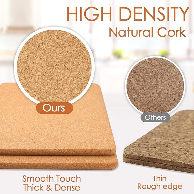 Rectangle Cork Trivets for Hot Dishes, 12" x 7" High-Density Thick Cork Hot Pads Placemats for Pots and Pans, Heat Resistant Hot Pads for Kitchen Countertop Table,2 Pcs Cork Coaster