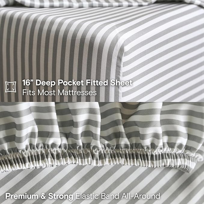 DOZ Sheet Set, 100% Viscose derived from Bamboo, Organically Grown, Buttery Soft, Cooling Sheets, High GSM, Deep Pockets - 4 Piece - 2 Pillowcases 1 Fitted Sheet 1 Top Sheet (Stripe, King)