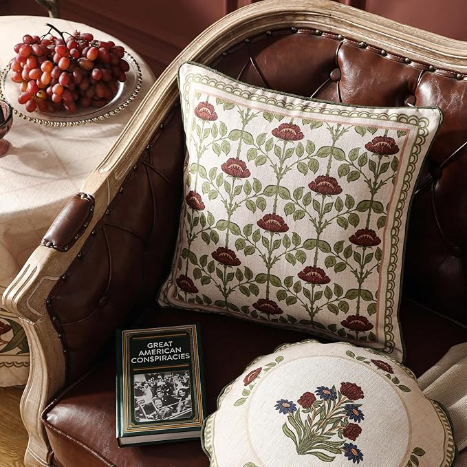 ISAENNE Design Linen Square Throw Pillow Covers 18"x18" Pack of 2, Yellow Green French Cushion Covers with Red Rose Floral Pattern Decoration Pillowcases for Bed, Living Room, Outdoor, Car
