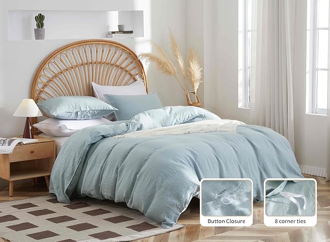 100% French Flax Linen Duvet Cover Set, Queen Size 90''x90'' 3 Pcs with 8 Corner Ties and Button Closure, Soft and Breathable for All Season(Blue, Queen)