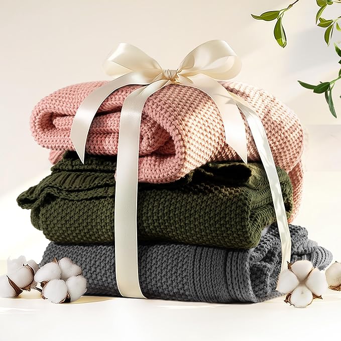 100% Cotton Cable Knit Throw Blanket, Lightweight Soft Knit Blanket for Sofa Couch Bed, Breathable All-Season Throw, Cozy Decorative Blanket, 50 x 60 Inch,Pink
