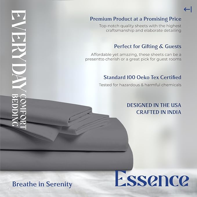 Mayfair Linen 100% Organic Cotton Sheets Twin XL Size - 3 PC Organic Cotton Twin XL Size Percale Weave Sheet Set, Soft, Cooling, Crisp & Breathable, 16" Deep Pocket Hotel Quality Bedding - Dark Grey