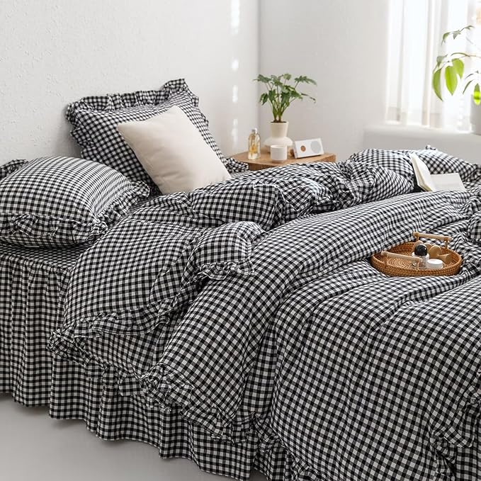 mixinni Black White Gingham Ruffle Duvet Cover Twin XL Size 3 Pieces – 100% Washed Cotton, Vintage Plaid Ruffled Bedding Set with Zipper Ties, Soft Checkered Grid Farmhouse Chic Comforter Cover Set