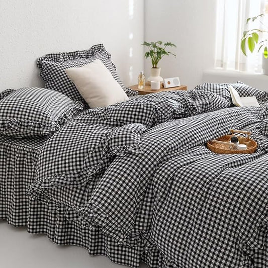 mixinni Black White Gingham Ruffle Duvet Cover Queen Size 3 Pieces – 100% Washed Cotton, Vintage Plaid Ruffled Bedding Set with Zipper Ties, Soft Checkered Grid Farmhouse Chic Comforter Cover Set