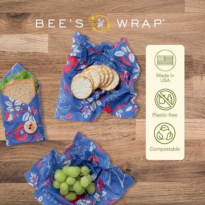 Bee's Wrap Beeswax Wraps for Food - 3 Pack of Assorted Beeswax Wraps - 2 Medium & Sandwich Wrap - Plastic Free Made in USA Reusable Natural Food Wrap - Botanical