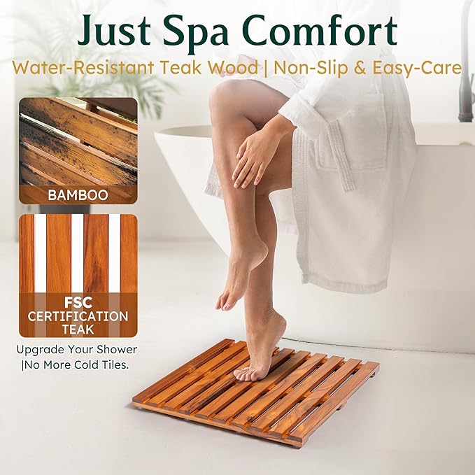 Teak Shower Mat - Premium Non-Slip Bath Mat for Bathtub & Shower, Natural Wooden Bathroom Floor Mat, Spa-Style Fast-Drying Bathtub Tray, Solid Teak Wood (20"x20")