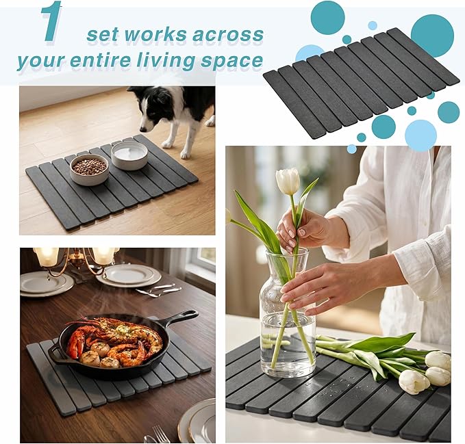 Diatomaceous Earth Stone Dish Drying Mat for Kitchen Counter – Quick Drying Mat Set (1*Large 23"×15.5" & 2*Small 7.5"×4") | Kitchen Drying Mat for Dishes, Cups & Utensils, Sink Mat (Grey)