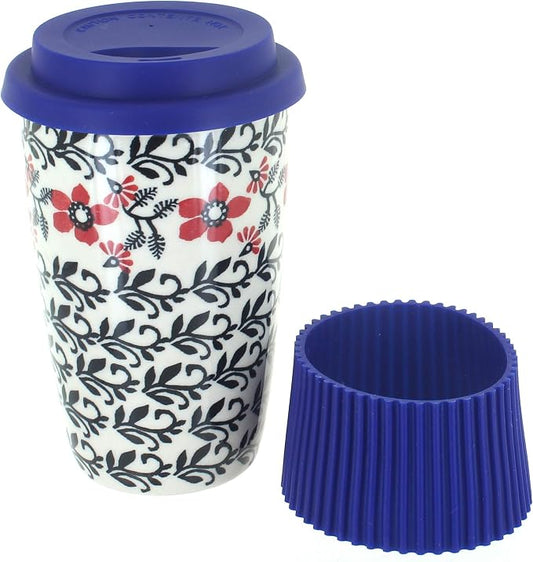 Blue Rose Polish Pottery - Red Scarlett Ivy Travel Coffee Mug - 12 oz - Mug for On-The-Go, Fits Most Car Cup Holders