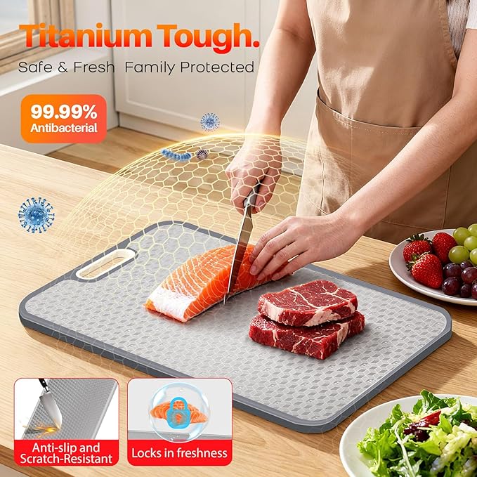 Titanium Cutting Board for kitchen, Dual Sided Food Grade Titanium & Wheat Straw PP, Non Slip Scratch Resistant Easy Clean, 15.5" x 10.5" (black)