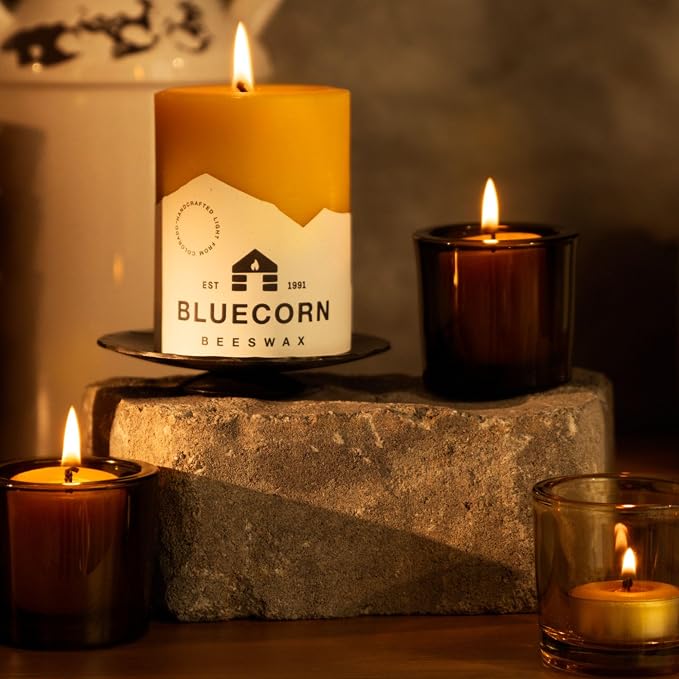 Bluecorn Beeswax Votive Candles, 100% Pure Natural Bees Wax, Yellow Votives, Clean Burning & Long Lasting (12+ Hours), Fragrance Free, Home Decor & Wedding Decorations, American Made, 4 Pack