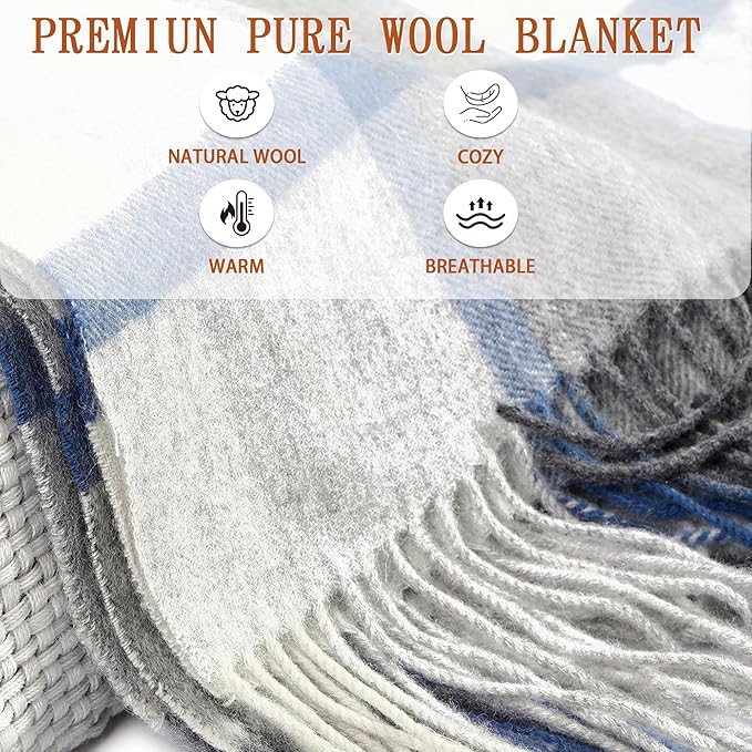 Soft Pure Wool Throw Blanket, Lightweight Warmth, 55"x83", Plaid, Fringe, Compact with Bag, Useful Gift for Women Men, All Season Decorative Cozy Travel Blanket for Couch Bed, Outdoors