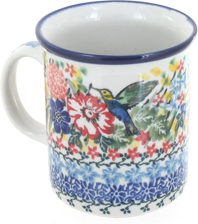 Blue Rose Polish Pottery - Red Hummingbird Small Coffee Mug - 9 oz - Petite Mug for Tea & Coffee Drinkers