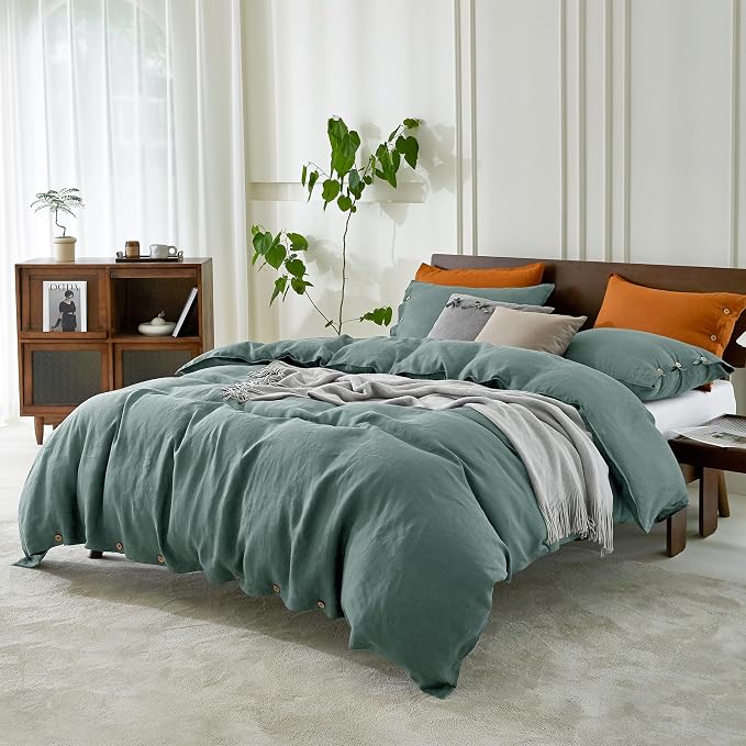 EVERLY 100% Pure Linen Duvet Cover Set California King Size 104X98Inch 3pcs (1 Duvet Cover,2 Pillowcases) Soft and Breathable for All Season with Coconut Button Closure,Suitable for Hot Sleepers-Aqua